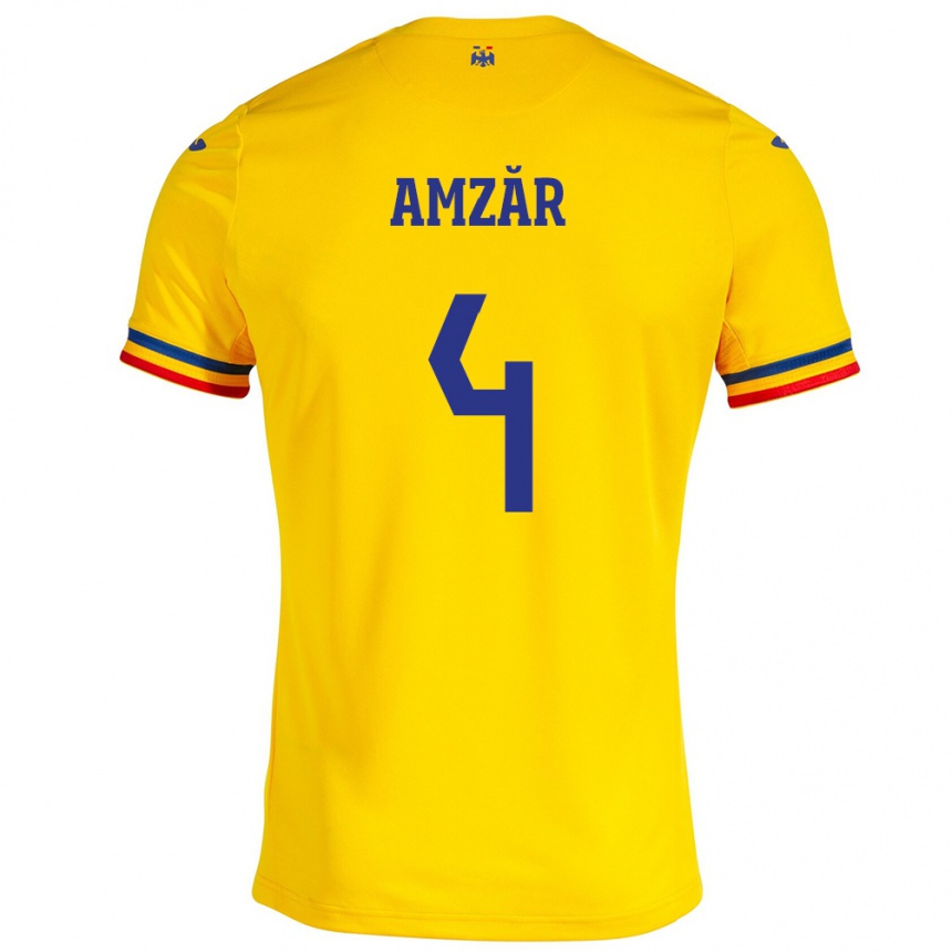 Niño Fútbol Camiseta Rumania Costin Amzăr #4 Amarillo 1ª Equipación 24-26