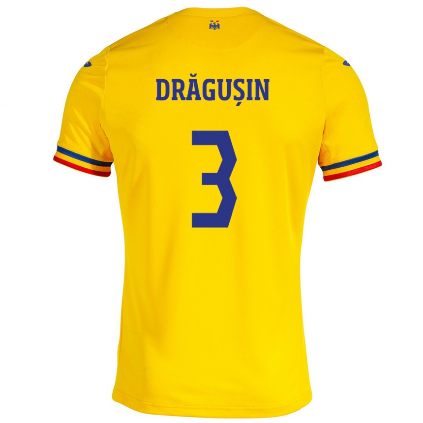 Hombre Fútbol Camiseta Rumania Radu Drăgușin #3 Amarillo 1ª Equipación 24-26