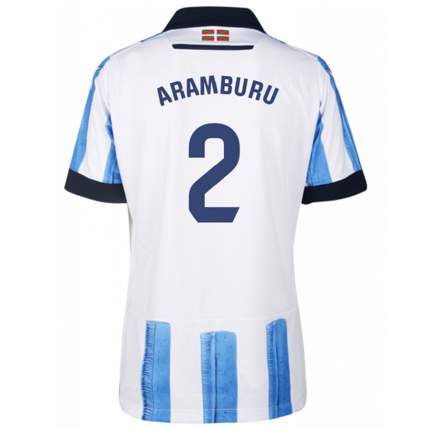 Hombre Fútbol Camiseta Jon Aramburu #2 Azul Blanco 1ª Equipación 2023/24