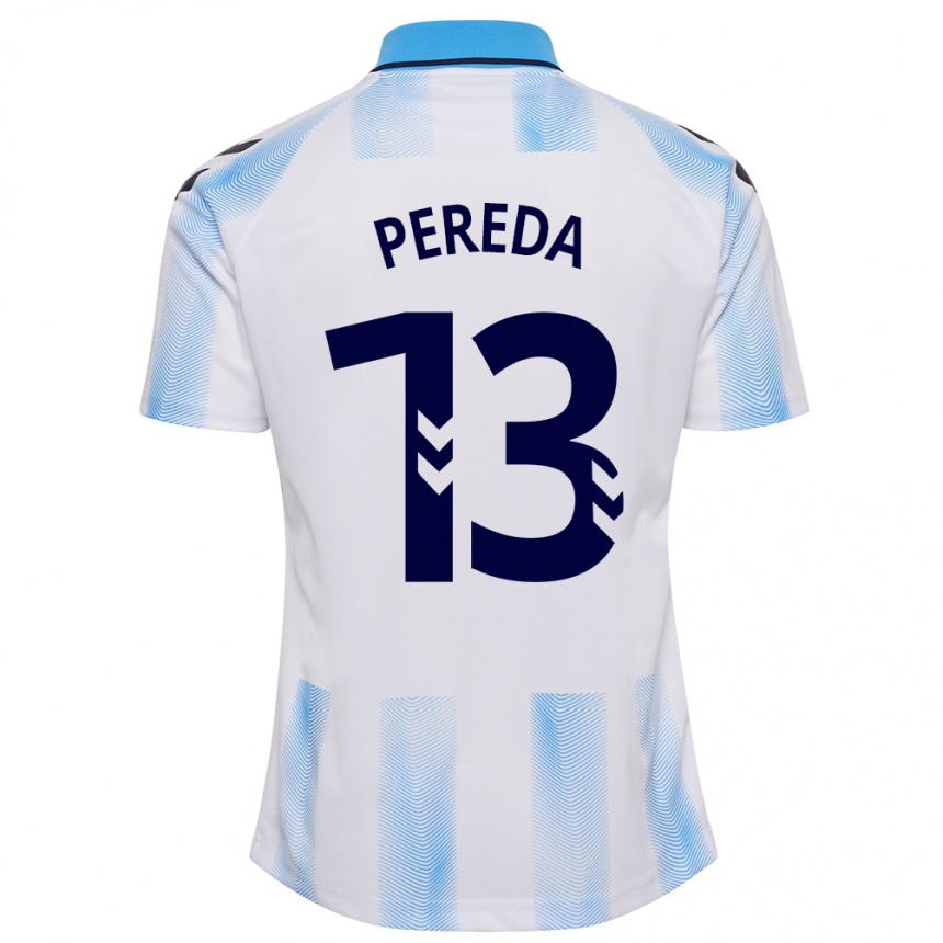 Hombre Fútbol Camiseta Adrián Pereda #13 Blanco Azul 1ª Equipación 2023/24