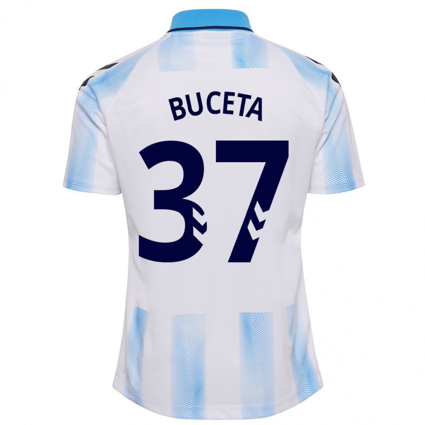 Hombre Fútbol Camiseta Ana Buceta #37 Blanco Azul 1ª Equipación 2023/24