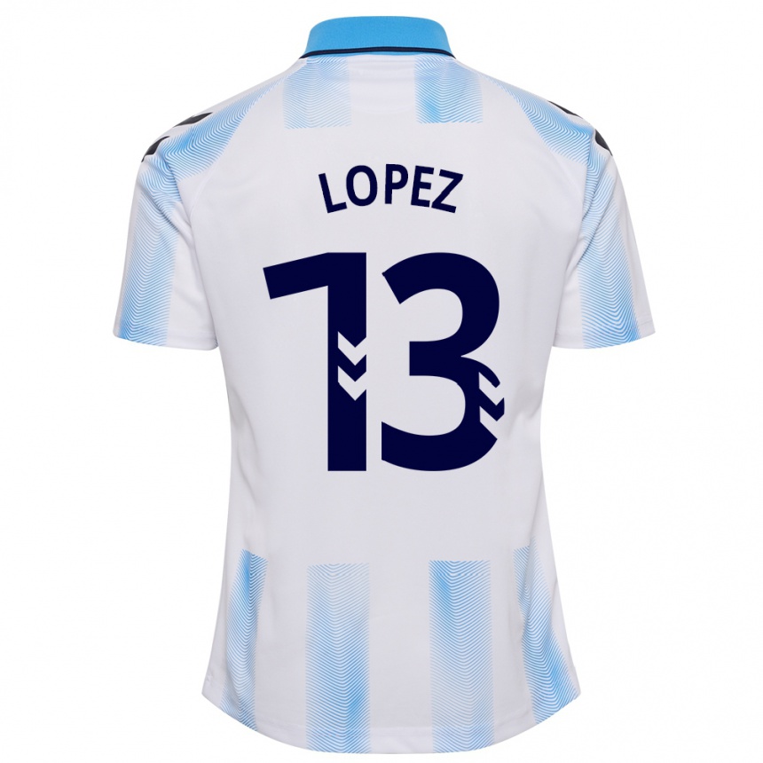 Mujer Fútbol Camiseta Carlos López #13 Blanco Azul 1ª Equipación 2023/24
