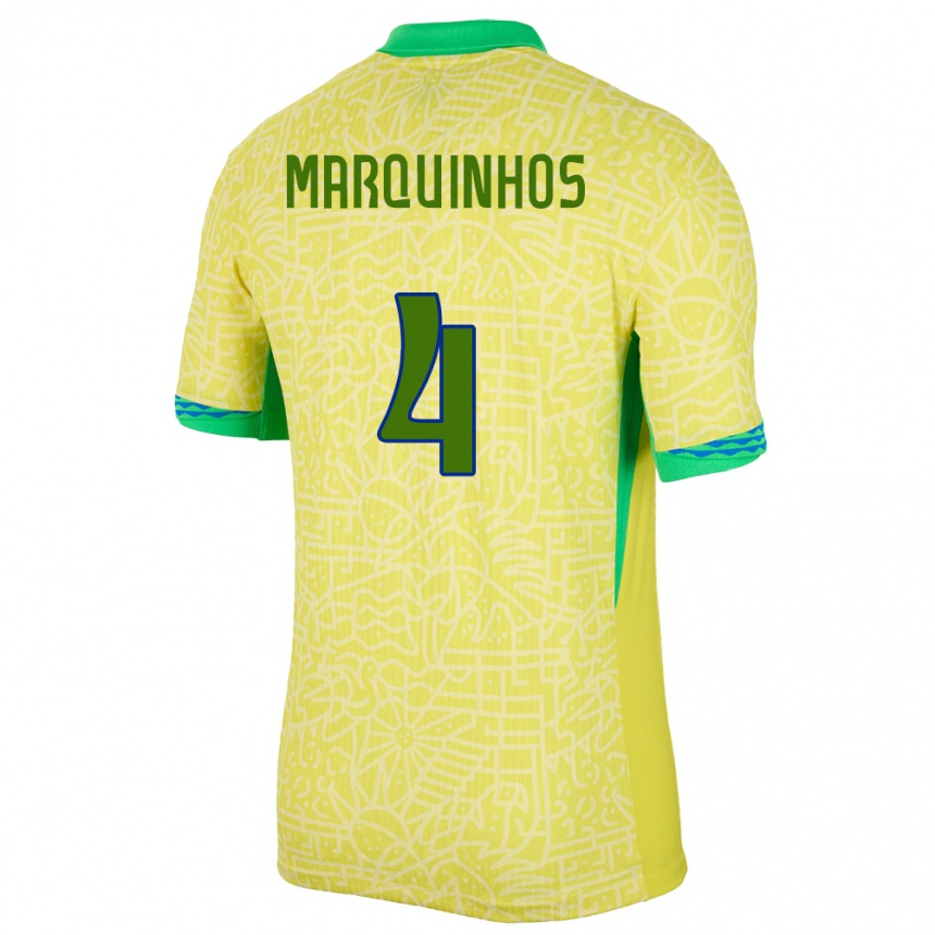 Niño Fútbol Camiseta Brasil Marquinhos #4 Amarillo 1ª Equipación 24-26