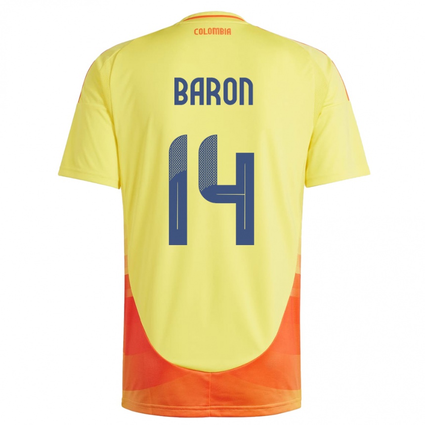 Niño Fútbol Camiseta Colombia Ángela Barón #14 Amarillo 1ª Equipación 24-26