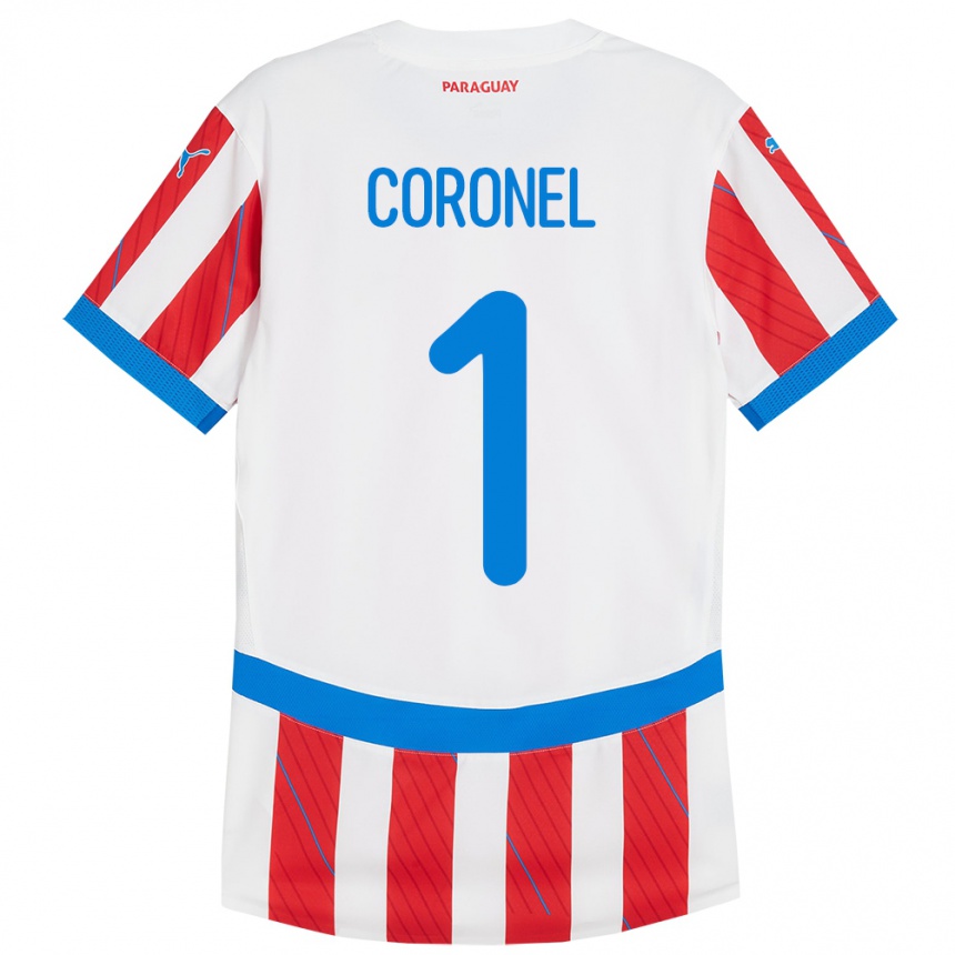 Niño Fútbol Camiseta Paraguay Carlos Coronel #1 Blanco Rojo 1ª Equipación 24-26