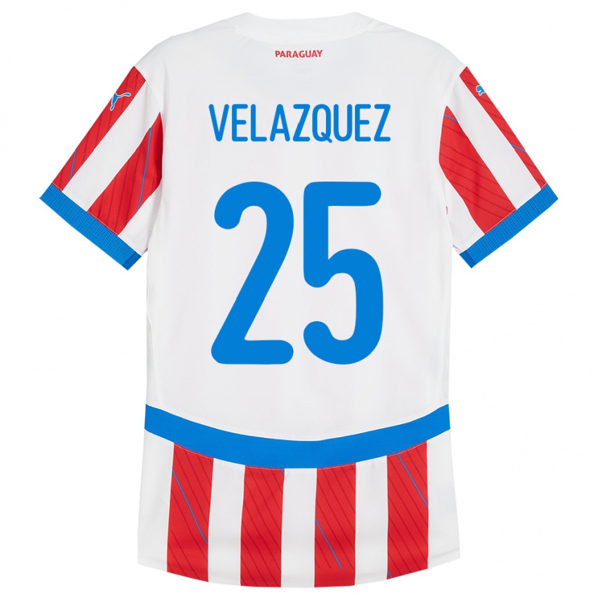 Niño Fútbol Camiseta Paraguay Gustavo Velázquez #25 Blanco Rojo 1ª Equipación 24-26