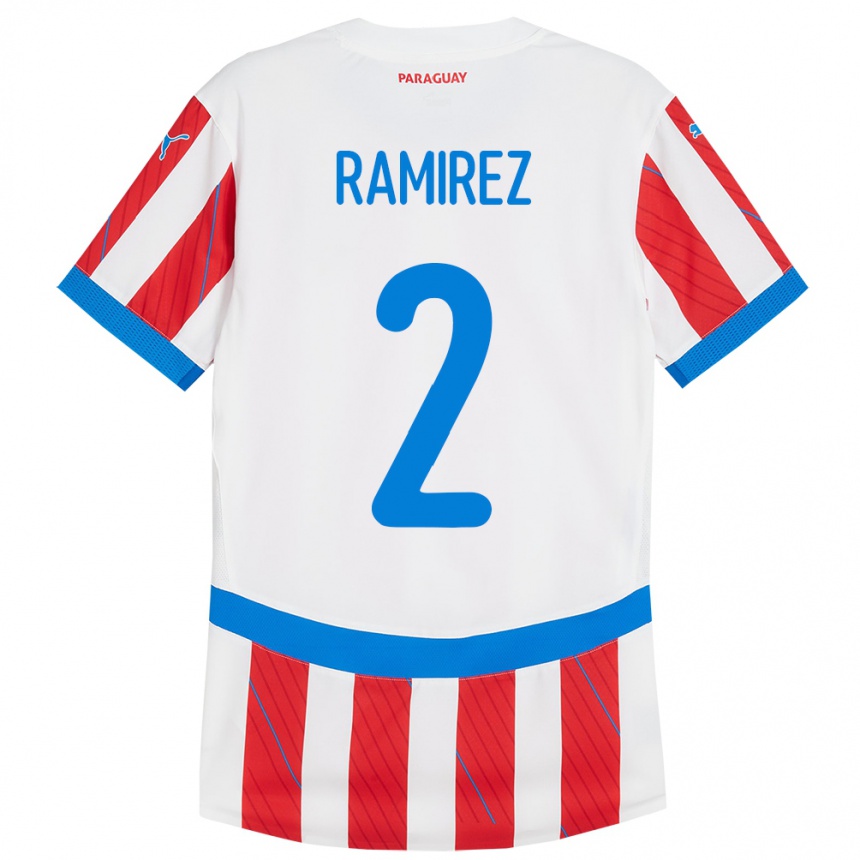 Niño Fútbol Camiseta Paraguay Iván Ramírez #2 Blanco Rojo 1ª Equipación 24-26