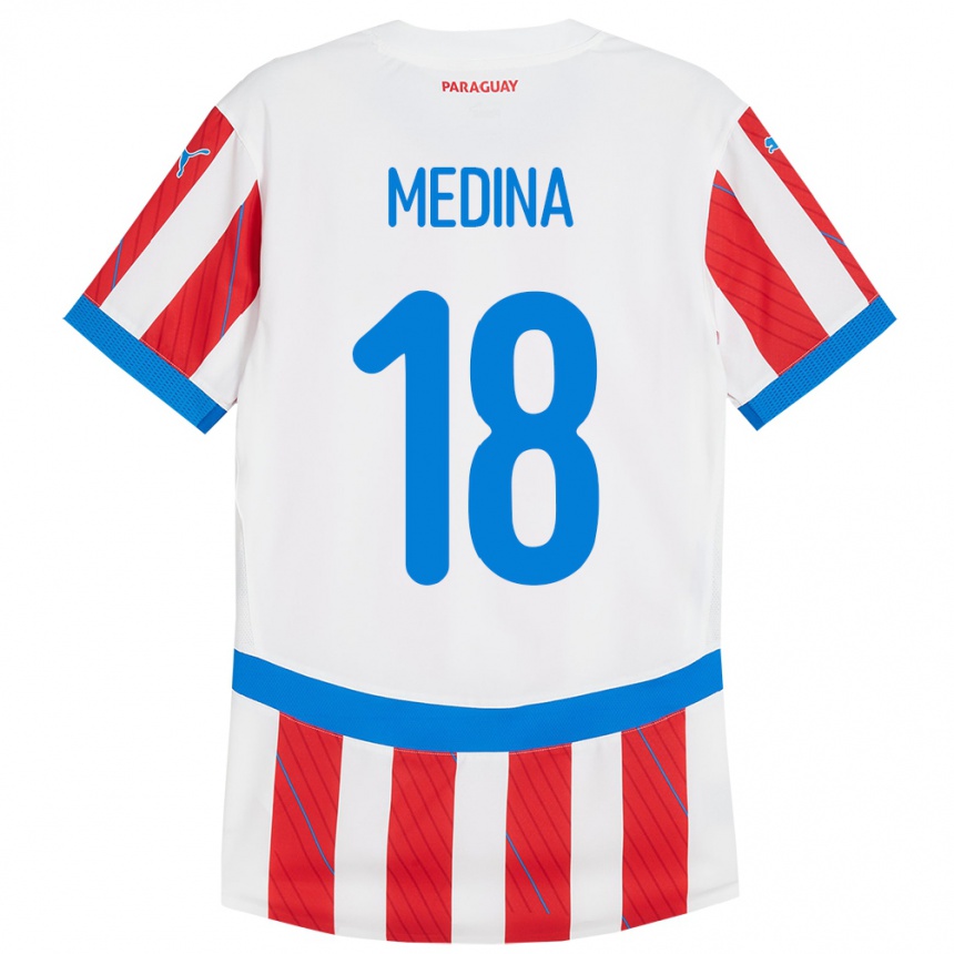 Niño Fútbol Camiseta Paraguay Jesús Medina #18 Blanco Rojo 1ª Equipación 24-26