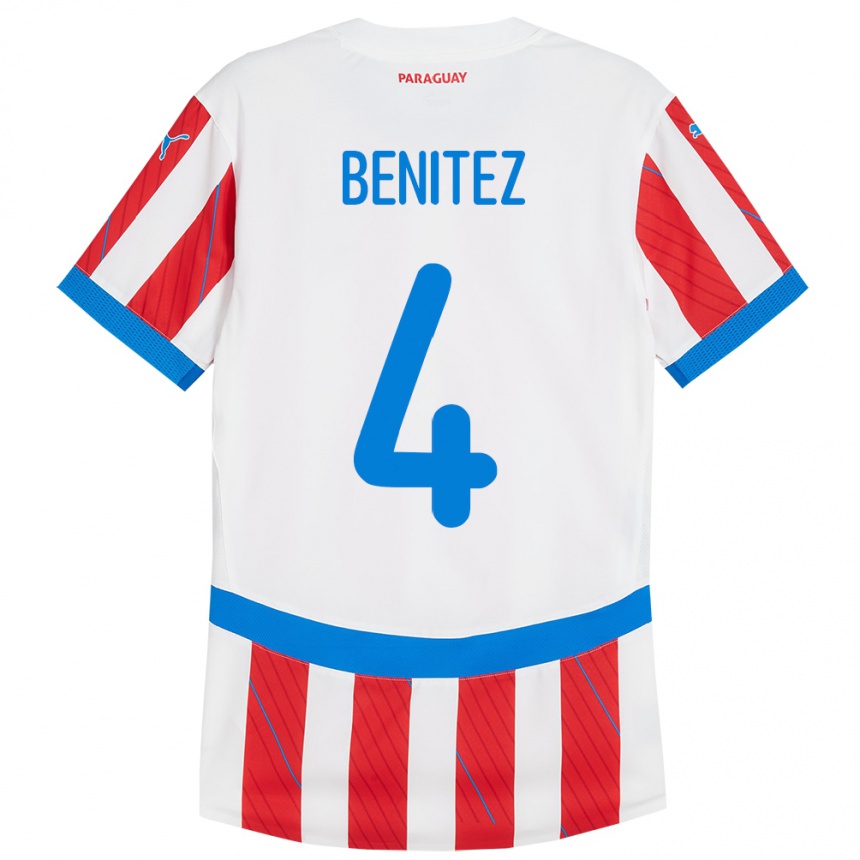 Niño Fútbol Camiseta Paraguay Gastón Benítez #4 Blanco Rojo 1ª Equipación 24-26