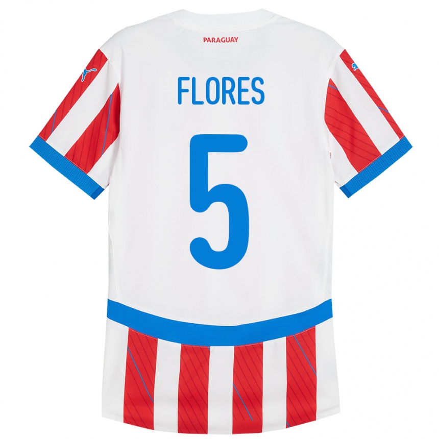 Niño Fútbol Camiseta Paraguay Gilberto Flores #5 Blanco Rojo 1ª Equipación 24-26