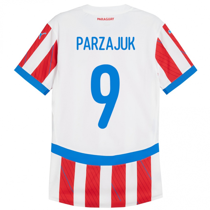 Niño Fútbol Camiseta Paraguay Kevin Parzajuk #9 Blanco Rojo 1ª Equipación 24-26