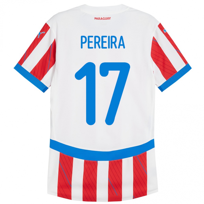 Niño Fútbol Camiseta Paraguay Kevin Pereira #17 Blanco Rojo 1ª Equipación 24-26