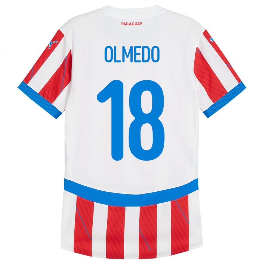 Niño Fútbol Camiseta Paraguay Cesar Olmedo #18 Blanco Rojo 1ª Equipación 24-26