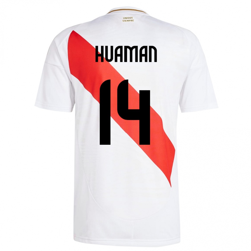 Niño Fútbol Camiseta Perú Marco Huamán #14 Blanco 1ª Equipación 24-26