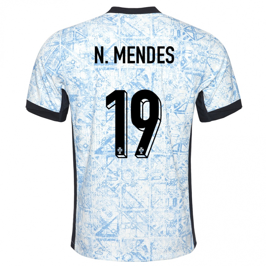 Niño Fútbol Camiseta Portugal Nuno Mendes #19 Crema Azul 2ª Equipación 24-26