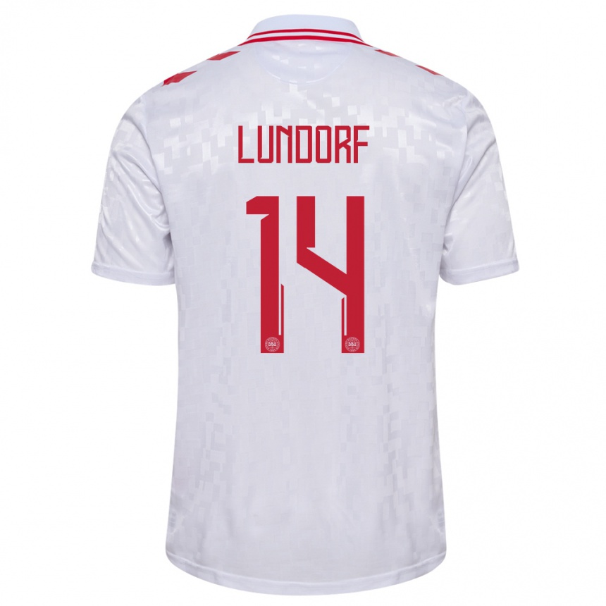 Niño Fútbol Camiseta Dinamarca Matilde Lundorf #14 Blanco 2ª Equipación 24-26