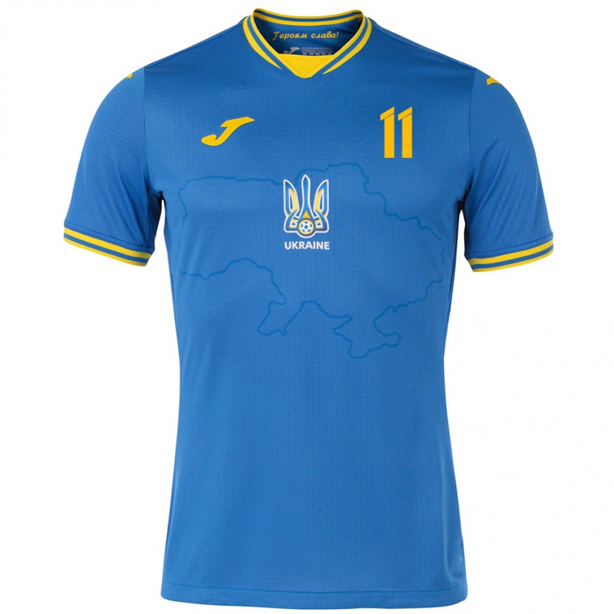 Niño Fútbol Camiseta Ucrania Danylo Krevsun #11 Azul 2ª Equipación 24-26