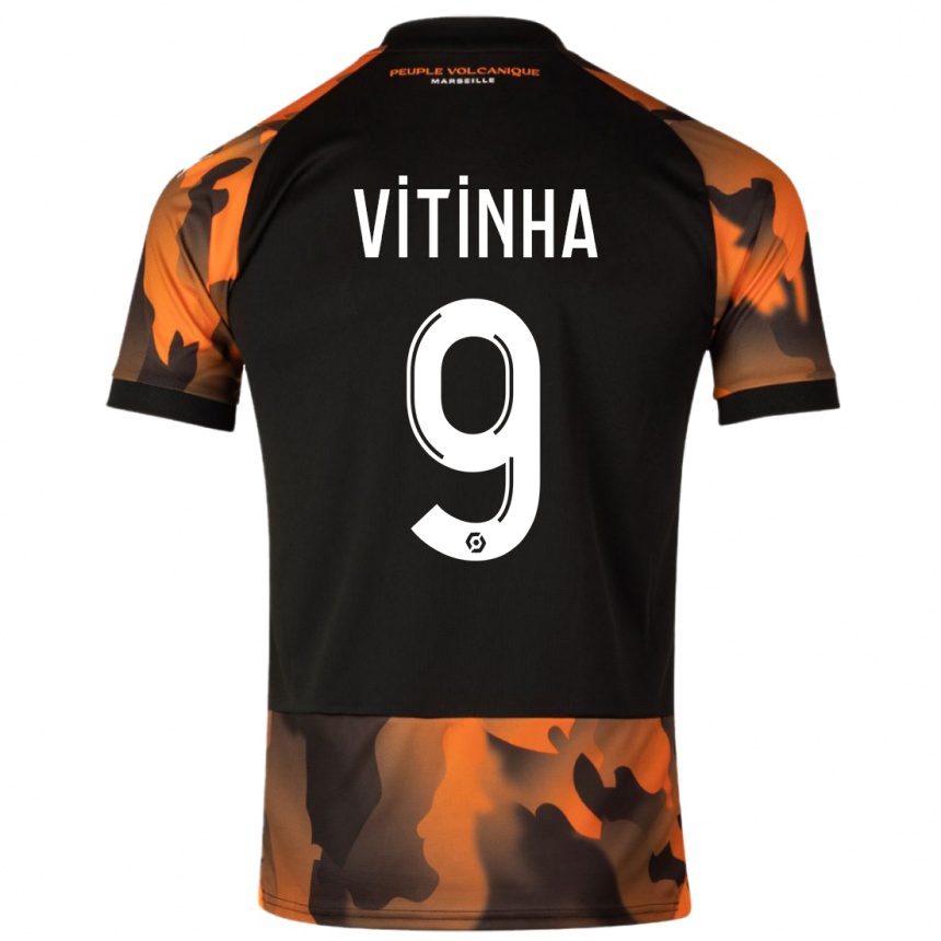 Niño Fútbol Camiseta Vitinha #9 Negro Naranja Equipación Tercera 2023/24