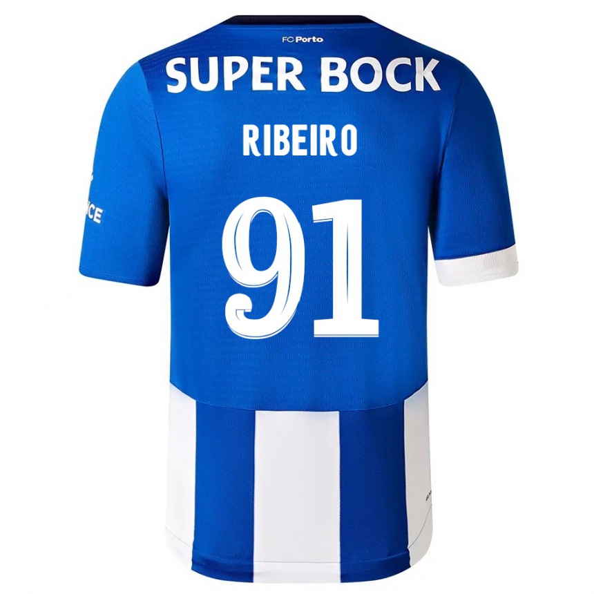 Hombre Fútbol Camiseta Gonçalo Ribeiro #91 Azul Blanco 1ª Equipación 2023/24