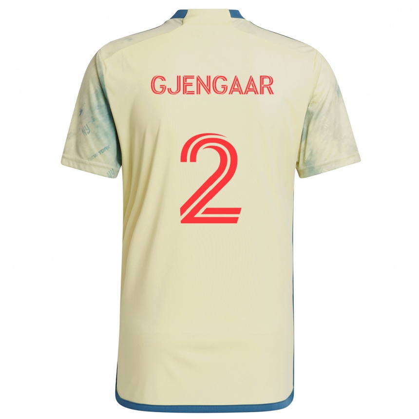 Niño Fútbol Camiseta Dennis Gjengaar #2 Amarillo Rojo Azul 1ª Equipación 2024/25