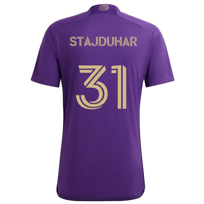 Niño Fútbol Camiseta Mason Stajduhar #31 Púrpura Amarillo 1ª Equipación 2024/25