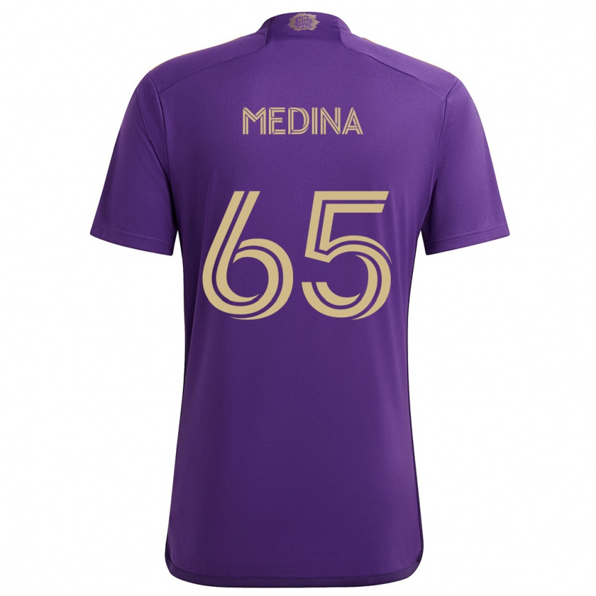 Niño Fútbol Camiseta Cristian Medina #65 Púrpura Amarillo 1ª Equipación 2024/25