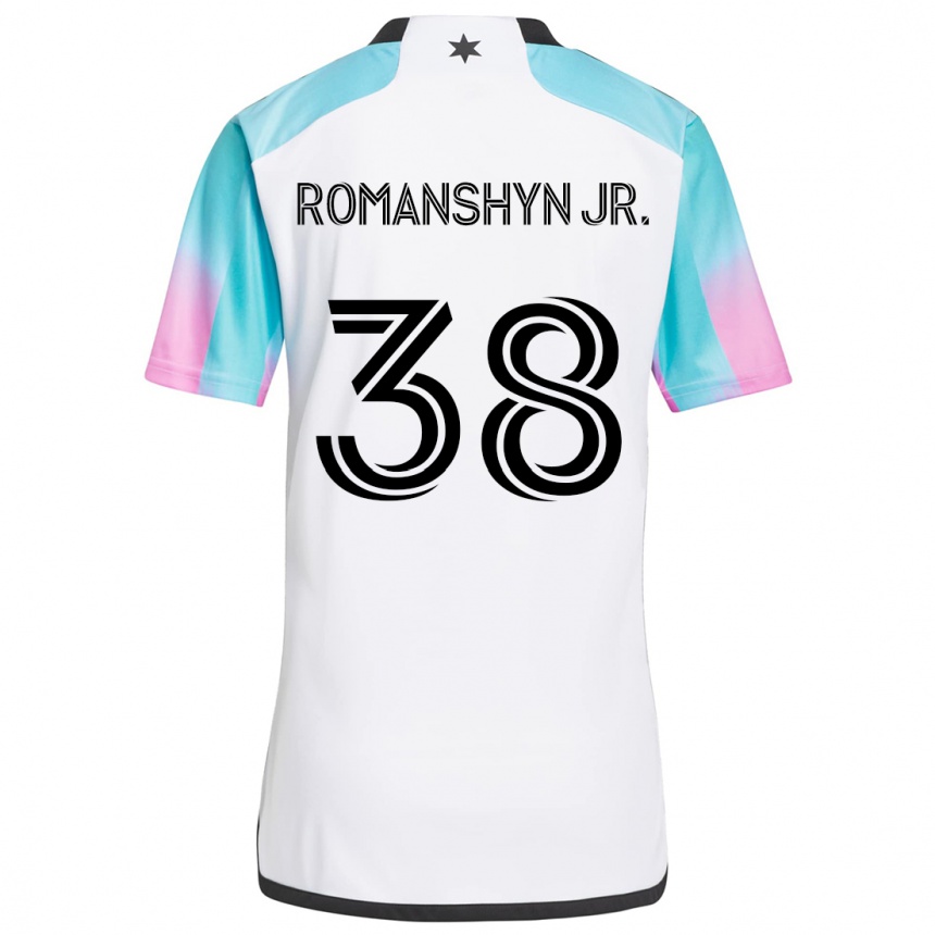 Niño Fútbol Camiseta Kage Romanshyn Jr. #38 Blanco Azul Negro 2ª Equipación 2024/25