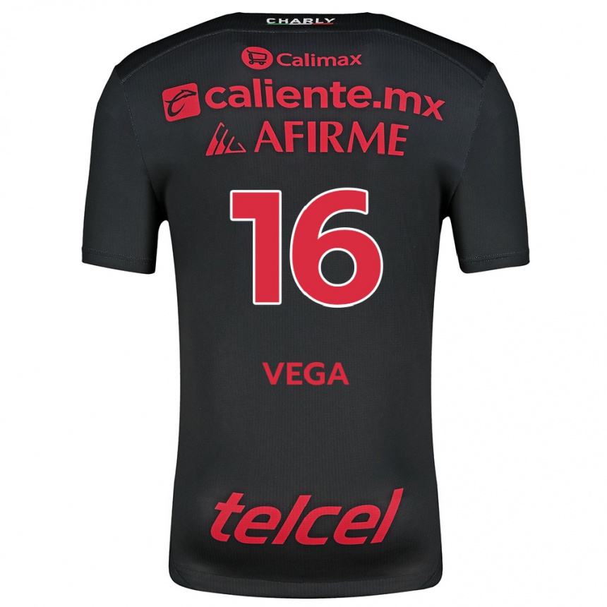 Niño Fútbol Camiseta Jesús Vega #16 Negro Rojo 1ª Equipación 2024/25