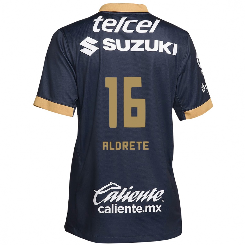 Niño Fútbol Camiseta Adrián Aldrete #16 Obsidiana Dorada Blanca 2ª Equipación 2024/25