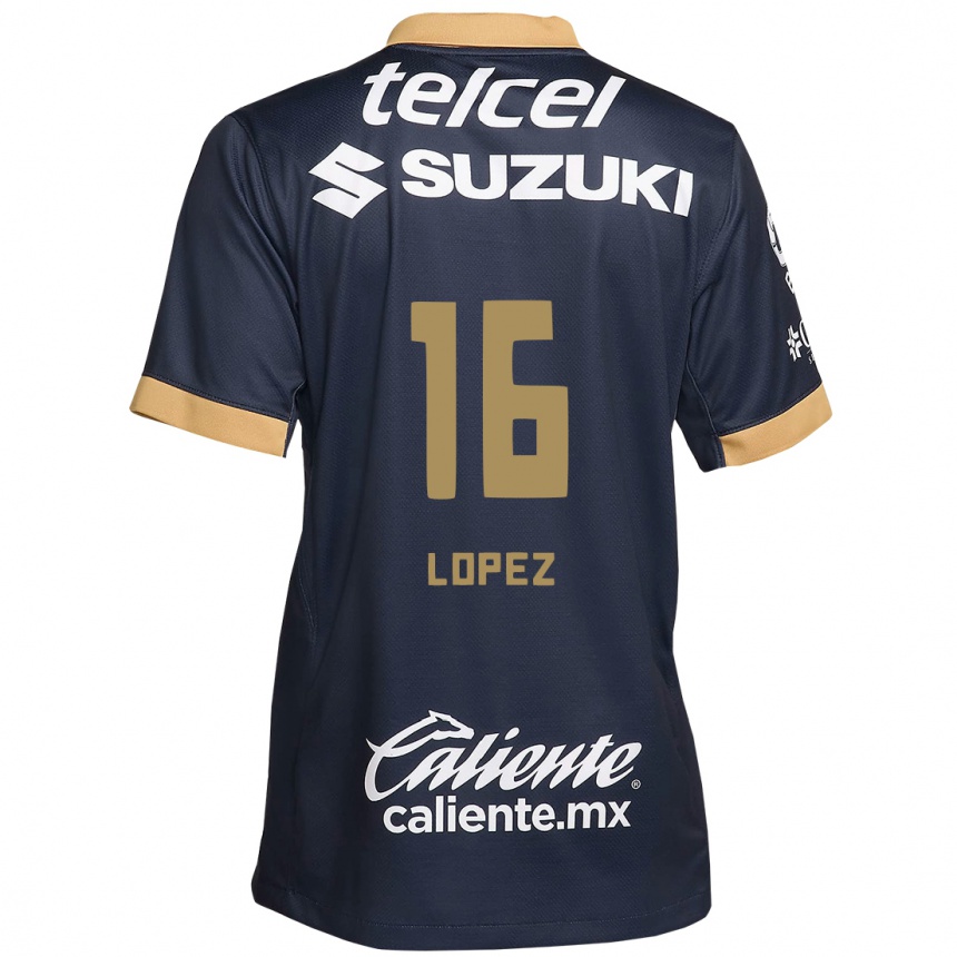 Niño Fútbol Camiseta Samantha Lopez #16 Obsidiana Dorada Blanca 2ª Equipación 2024/25