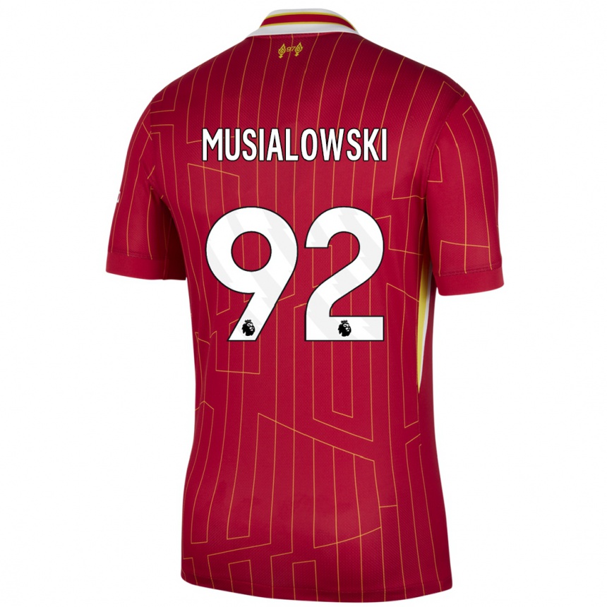 Niño Fútbol Camiseta Mateusz Musialowski #92 Rojo Amarillo Blanco 1ª Equipación 2024/25