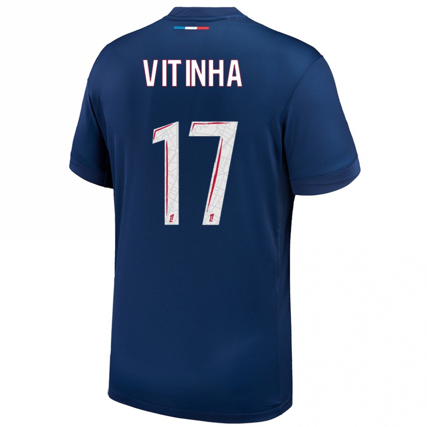 Niño Fútbol Camiseta Vitinha #17 Azul Marino Blanco 1ª Equipación 2024/25