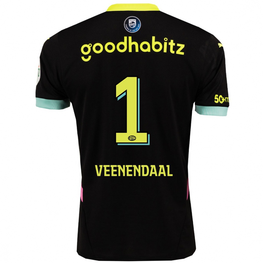 Niño Fútbol Camiseta Sari Van Veenendaal #1 Negro Amarillo 2ª Equipación 2024/25