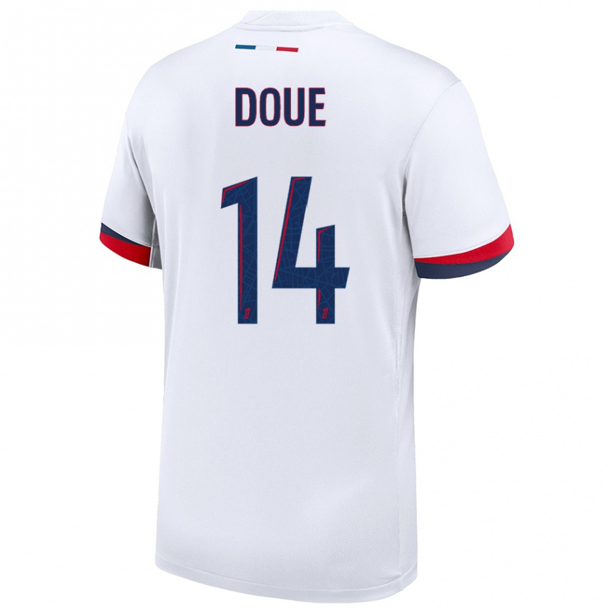 Niño Fútbol Camiseta Désiré Doué #14 Blanco Azul Rojo 2ª Equipación 2024/25