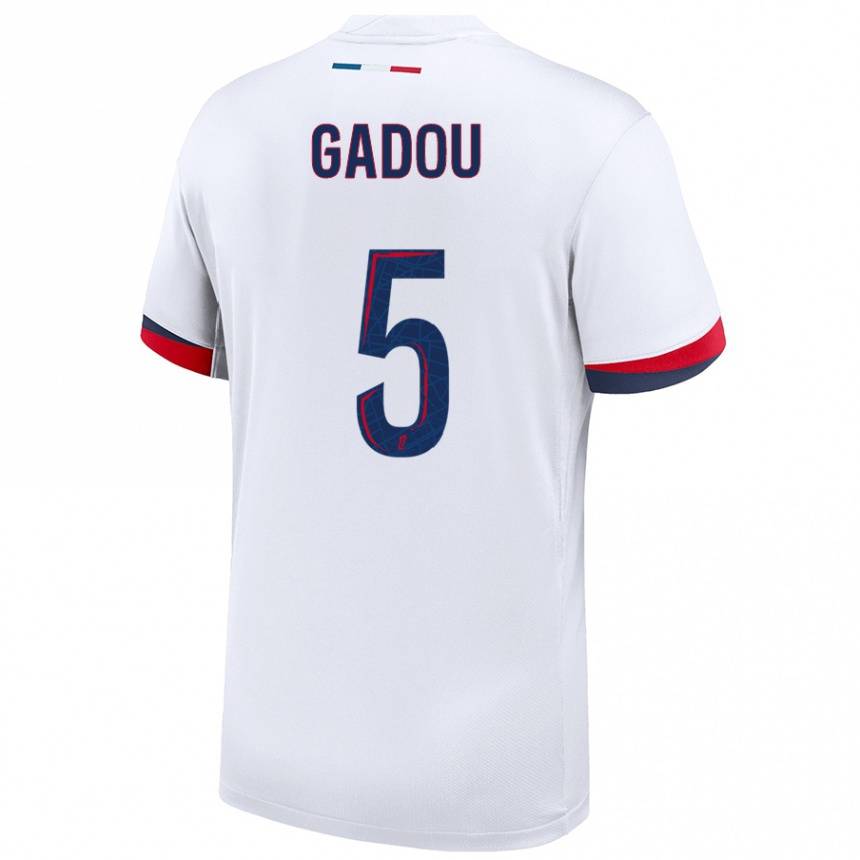 Niño Fútbol Camiseta Joane Gadou #5 Blanco Azul Rojo 2ª Equipación 2024/25