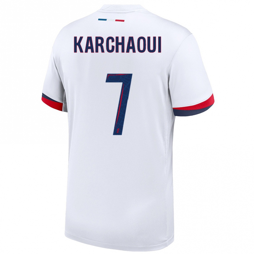 Niño Fútbol Camiseta Sakina Karchaoui #7 Blanco Azul Rojo 2ª Equipación 2024/25