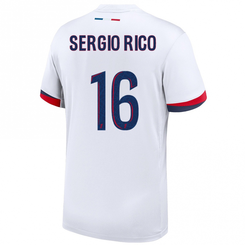 Niño Fútbol Camiseta Sergio Rico #16 Blanco Azul Rojo 2ª Equipación 2024/25