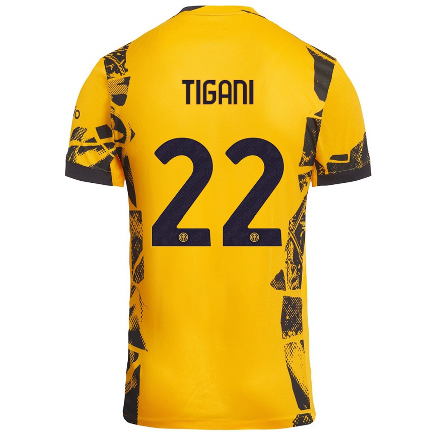 Niño Fútbol Camiseta Edoardo Tigani #22 Dorado Negro Equipación Tercera 2024/25