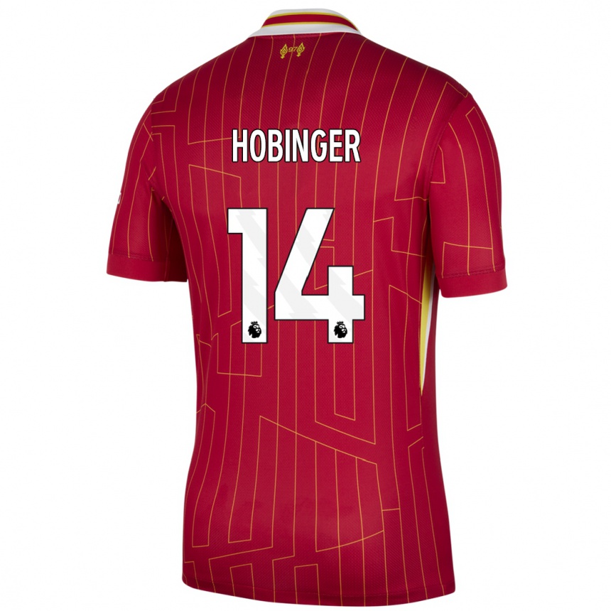 Hombre Fútbol Camiseta Marie Höbinger #14 Rojo Amarillo Blanco 1ª Equipación 2024/25