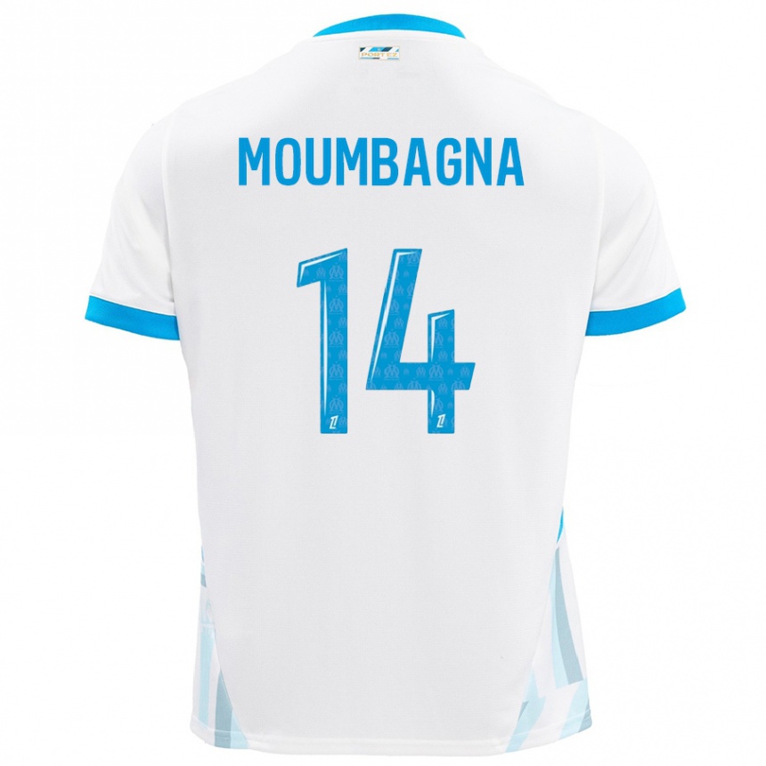 Hombre Fútbol Camiseta Faris Moumbagna #14 Blanco Azul Cielo 1ª Equipación 2024/25