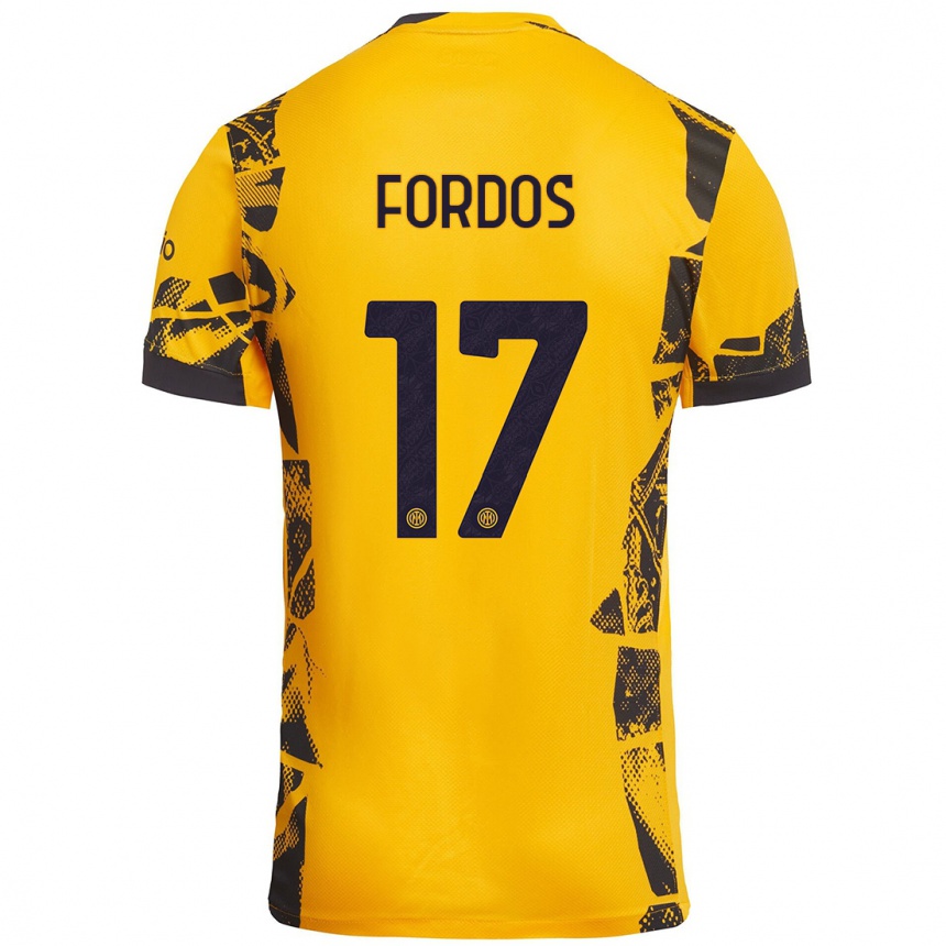 Hombre Fútbol Camiseta Beatrix Fördős #17 Dorado Negro Equipación Tercera 2024/25