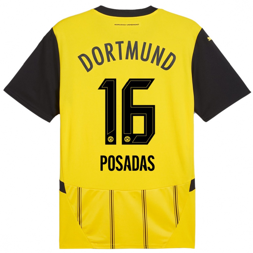 Niño Fútbol Camiseta Leonardo Posadas #16 Amarillo Negro 1ª Equipación 2024/25