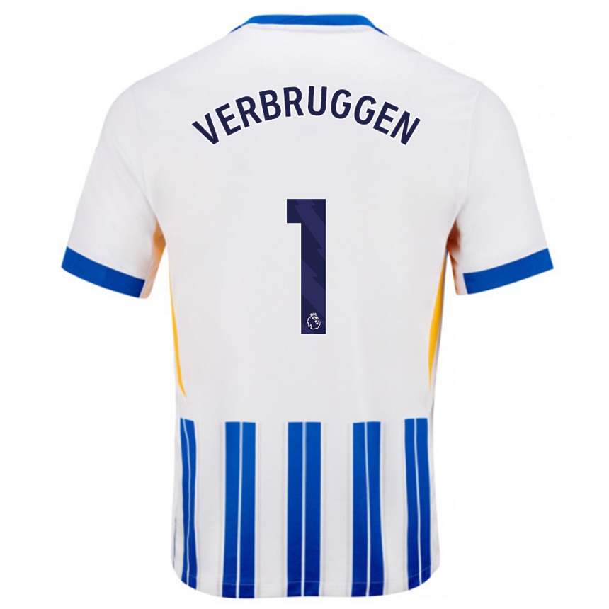 Niño Fútbol Camiseta Bart Verbruggen #1 Blanco Azul Rayas 1ª Equipación 2024/25