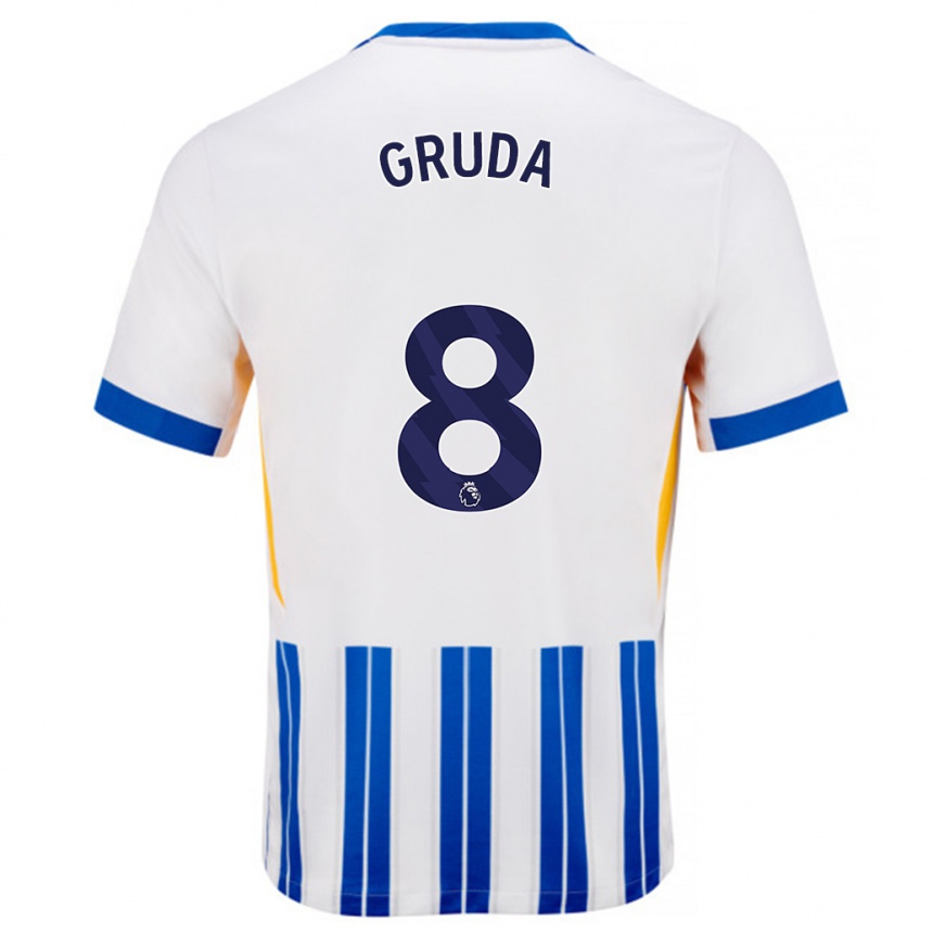 Niño Fútbol Camiseta Brajan Gruda #8 Blanco Azul Rayas 1ª Equipación 2024/25