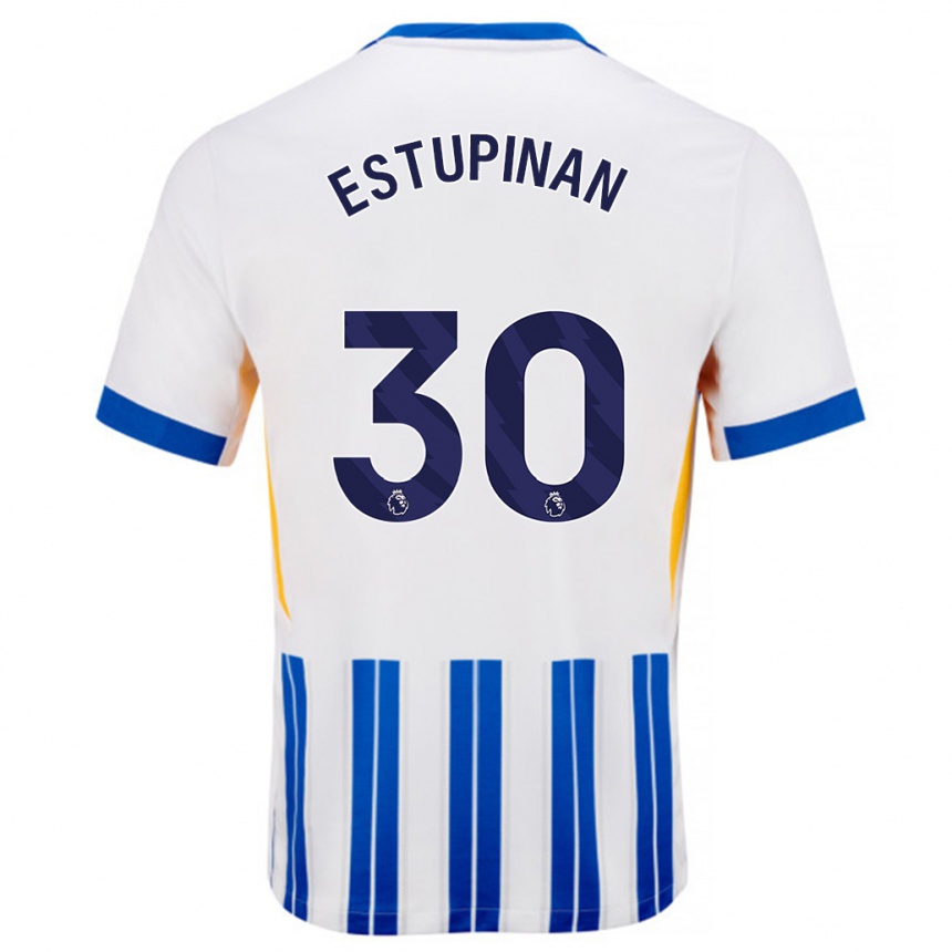 Niño Fútbol Camiseta Pervis Estupiñán #30 Blanco Azul Rayas 1ª Equipación 2024/25