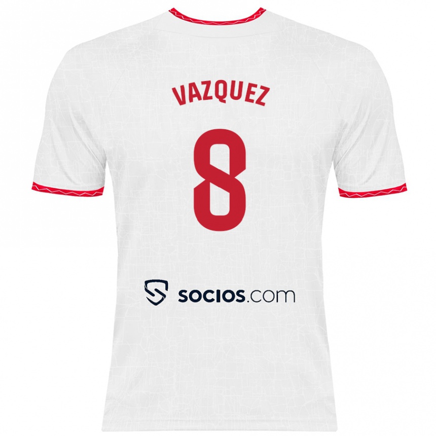 Niño Fútbol Camiseta Manolo Vázquez #8 Blanco Rojo 1ª Equipación 2024/25