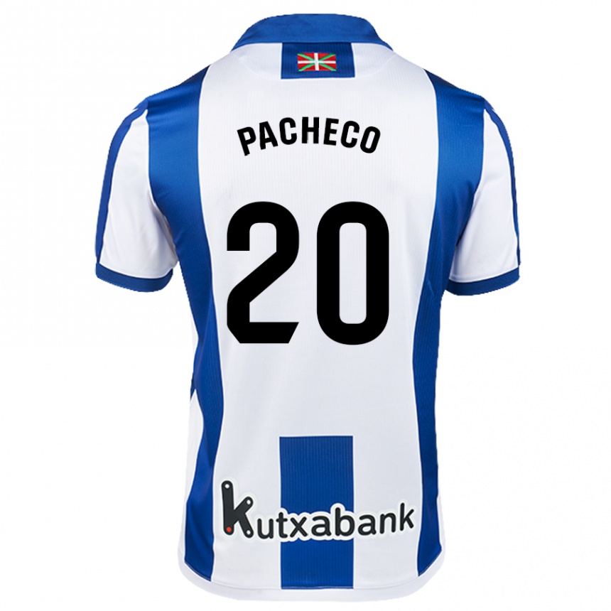 Niño Fútbol Camiseta Jon Pacheco #20 Blanco Azul 1ª Equipación 2024/25