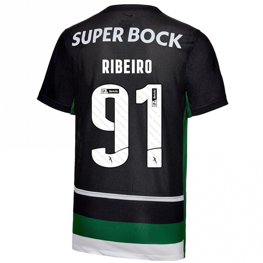 Niño Fútbol Camiseta Rodrigo Ribeiro #91 Negro Blanco Verde 1ª Equipación 2024/25