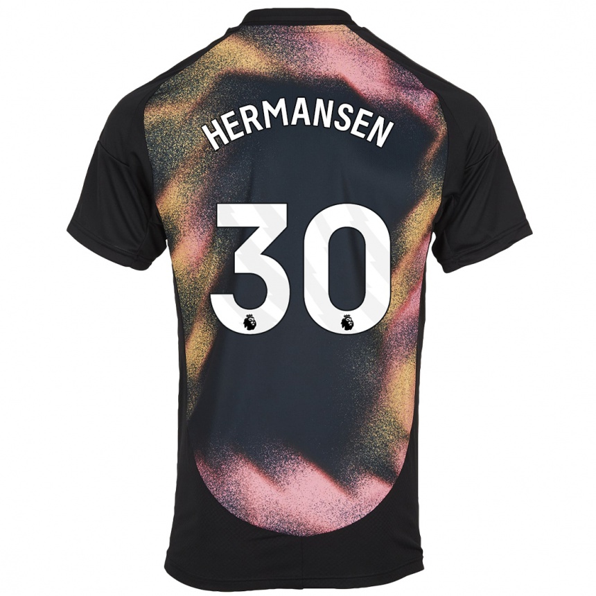 Niño Fútbol Camiseta Mads Hermansen #30 Negro Blanco 2ª Equipación 2024/25