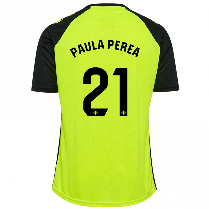 Niño Fútbol Camiseta Paula Perea Ramírez #21 Amarillo Fluorescente Negro 2ª Equipación 2024/25